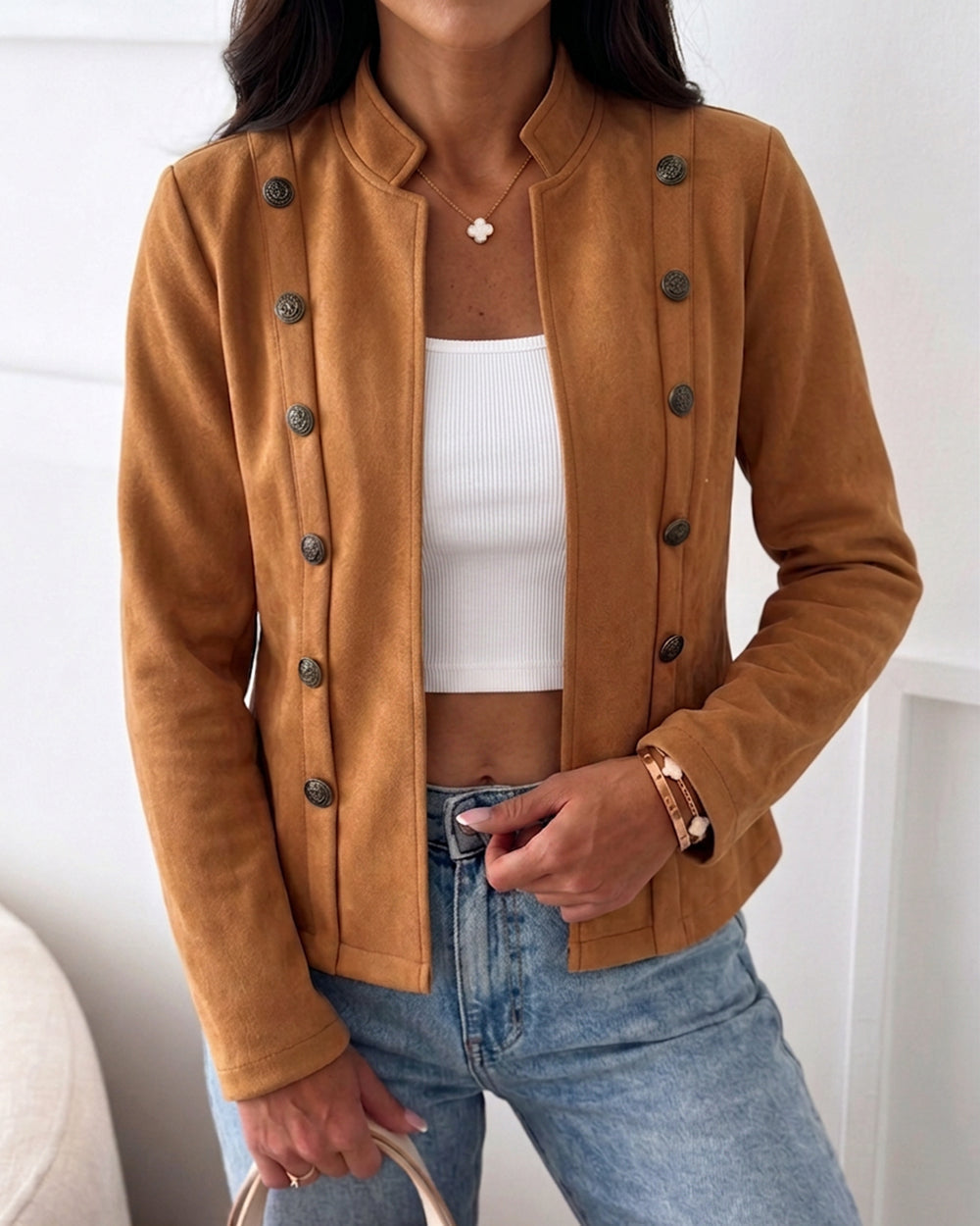 Faux Suede Jacket with Stand Collar and Open Front - Brown
