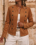 Faux Suede Jacket with Stand Collar and Open Front - Brown