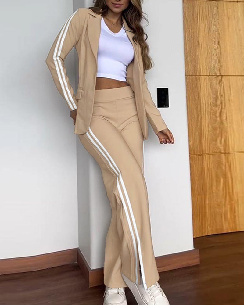 Flap-Pocket Coat and Side-Slit Trouser Two-Piece Set - Khaki