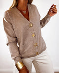 Gold-Button Knit Cardigan with V Neck and Pockets - Khaki
