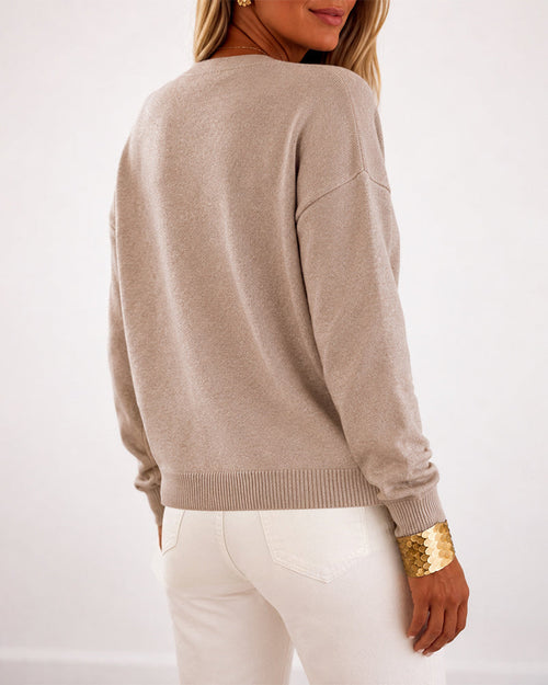 Gold-Button Knit Cardigan with V Neck and Pockets - Khaki