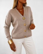 Gold-Button Knit Cardigan with V Neck and Pockets - Khaki