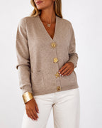 Gold-Button Knit Cardigan with V Neck and Pockets - Khaki