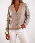 Gold-Button Knit Cardigan with V Neck and Pockets - Khaki