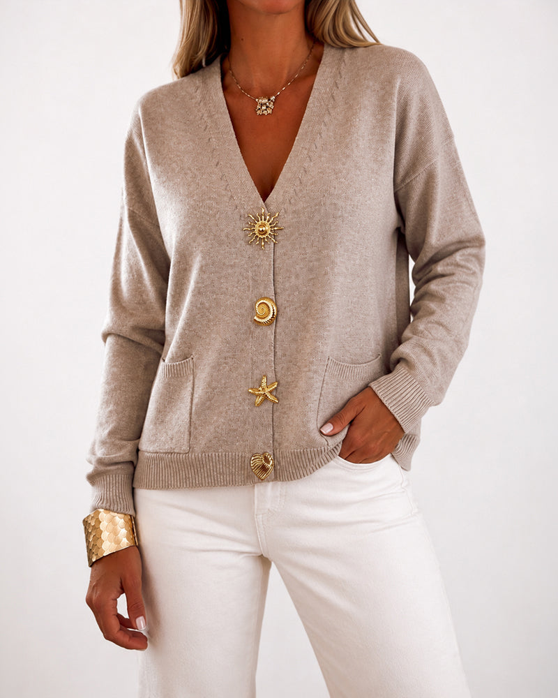 Gold-Button Knit Cardigan with V Neck and Pockets - Khaki