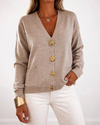 Gold-Button Knit Cardigan with V Neck and Pockets - Khaki