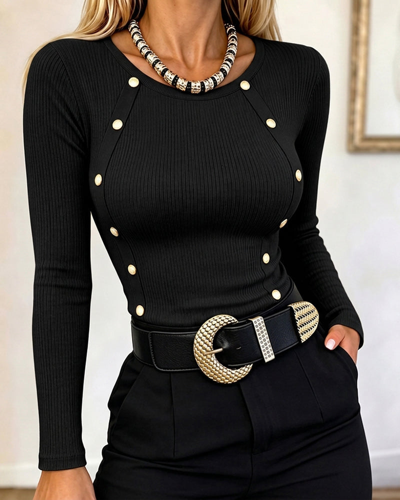 Gold-Button Rib-Knit Top with Crewneck and Slim Fit - Black