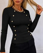 Gold-Button Rib-Knit Top with Crewneck and Slim Fit