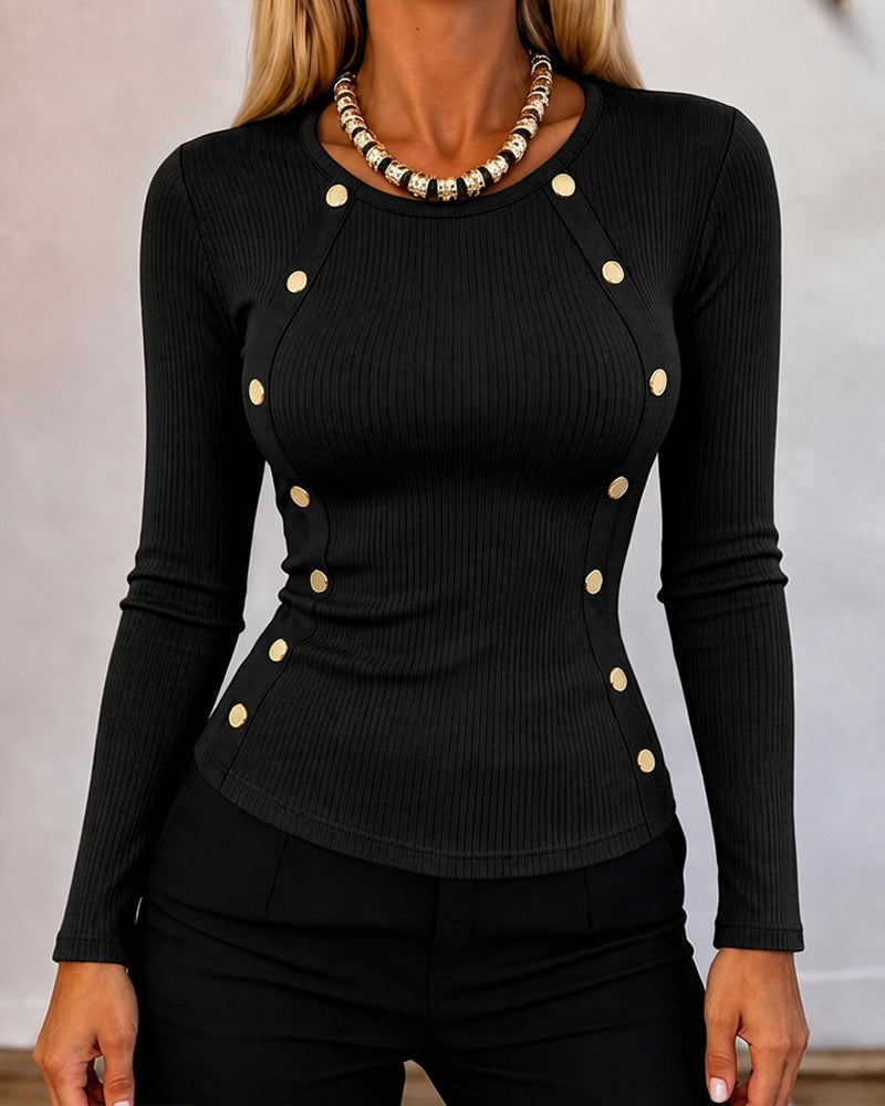 Gold-Button Rib-Knit Top with Crewneck and Slim Fit