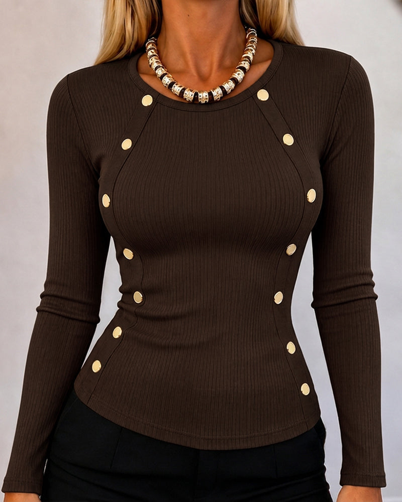 Gold-Button Rib-Knit Top with Crewneck and Slim Fit