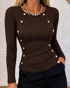 Gold-Button Rib-Knit Top with Crewneck and Slim Fit