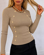 Gold-Button Rib-Knit Top with Crewneck and Slim Fit