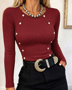 Gold-Button Rib-Knit Top with Crewneck and Slim Fit - Red