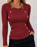 Gold-Button Rib-Knit Top with Crewneck and Slim Fit