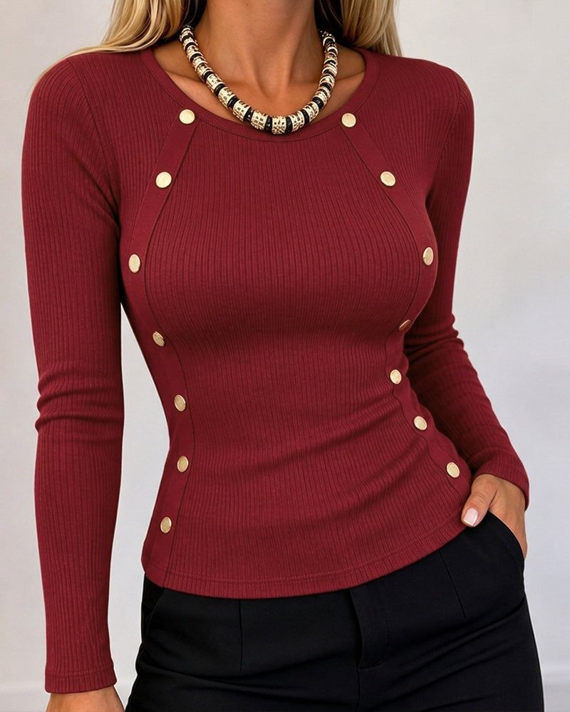 Gold-Button Rib-Knit Top with Crewneck and Slim Fit