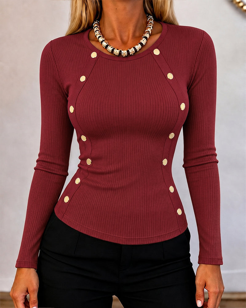 Gold-Button Rib-Knit Top with Crewneck and Slim Fit