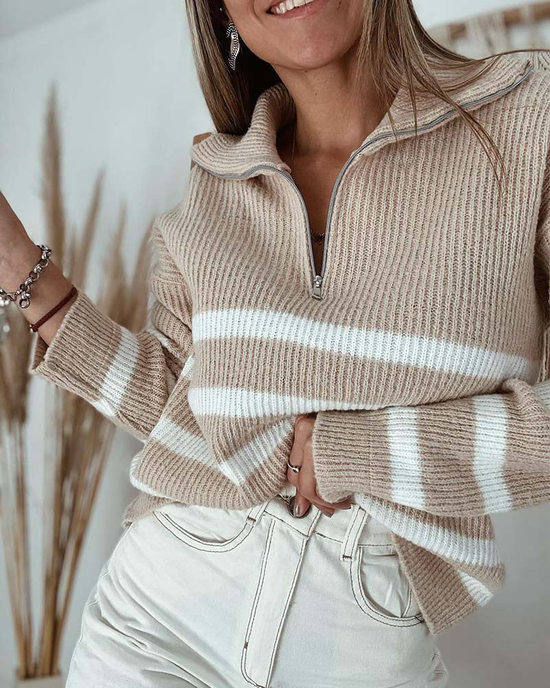 Half-Zip Striped Sweater with Turn-Down Collar - Khaki