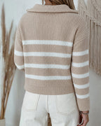 Half-Zip Striped Sweater with Turn-Down Collar
