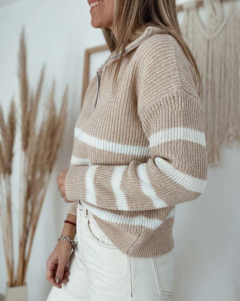Half-Zip Striped Sweater with Turn-Down Collar