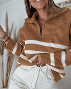 Half-Zip Striped Sweater with Turn-Down Collar - Brown
