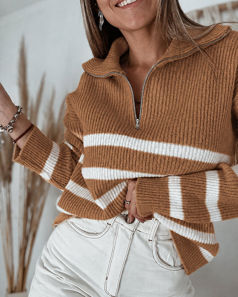 Half-Zip Striped Sweater with Turn-Down Collar - Brown