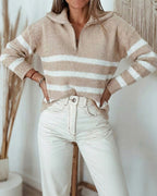 Half-Zip Striped Sweater with Turn-Down Collar