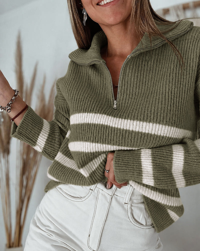 Half-Zip Striped Sweater with Turn-Down Collar - Army Green