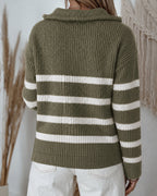 Half-Zip Striped Sweater with Turn-Down Collar