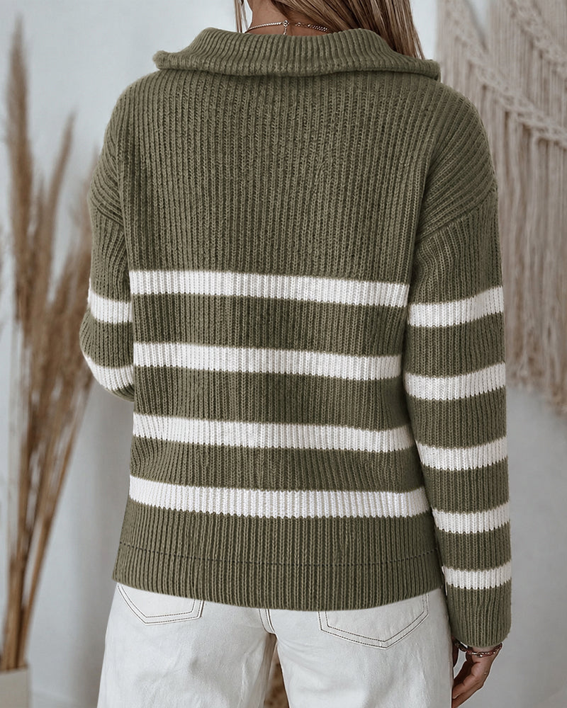 Half-Zip Striped Sweater with Turn-Down Collar