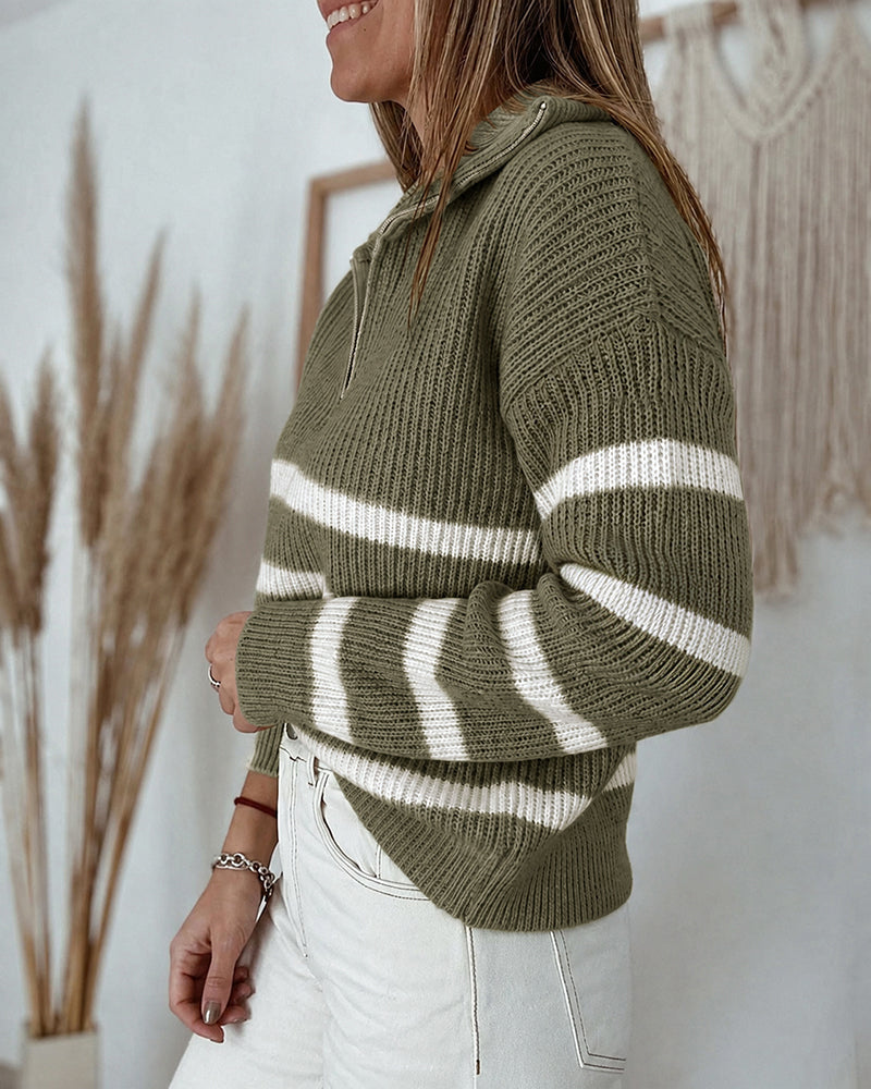 Half-Zip Striped Sweater with Turn-Down Collar