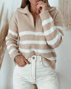 Half-Zip Striped Sweater with Turn-Down Collar