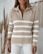 Half-Zip Striped Sweater with Turn-Down Collar
