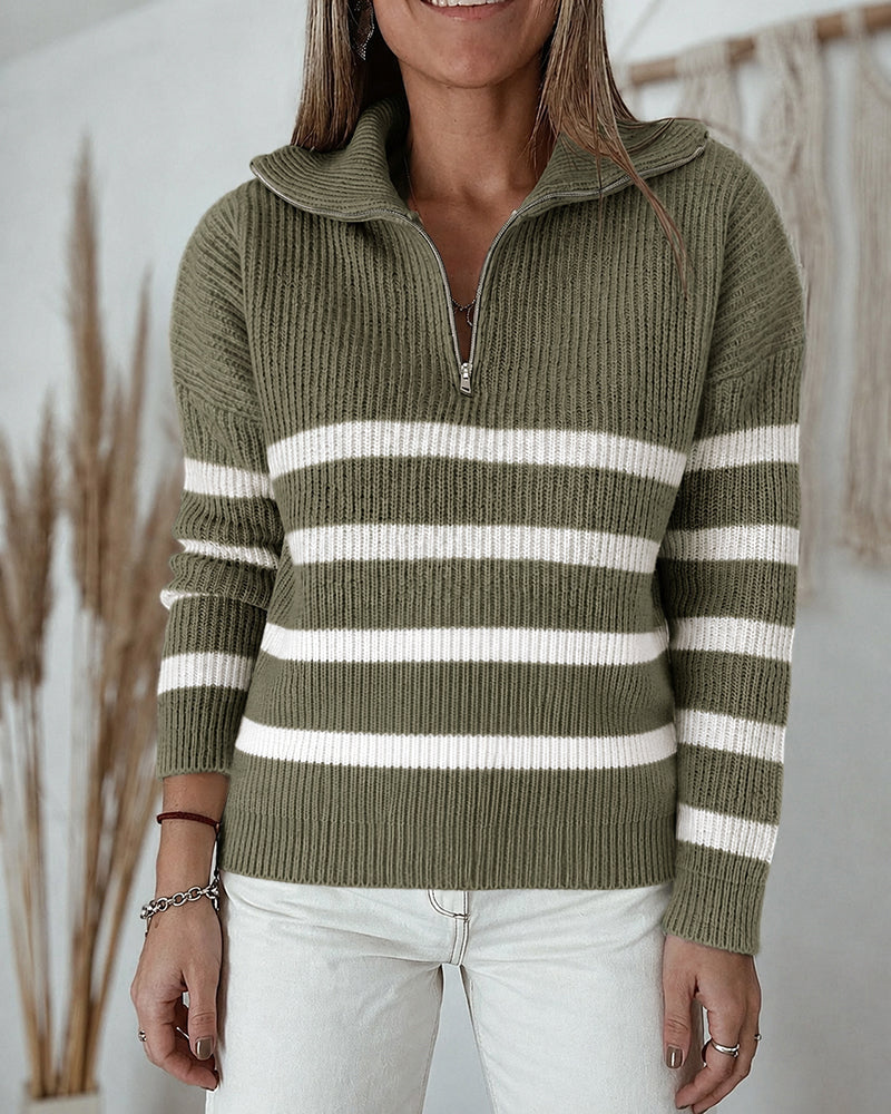 Half-Zip Striped Sweater with Turn-Down Collar
