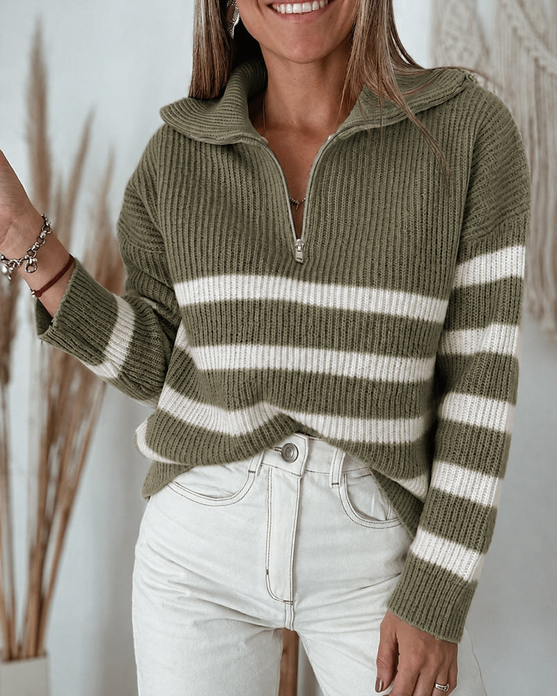 Half-Zip Striped Sweater with Turn-Down Collar