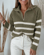 Half-Zip Striped Sweater with Turn-Down Collar