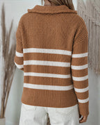 Half-Zip Striped Sweater with Turn-Down Collar
