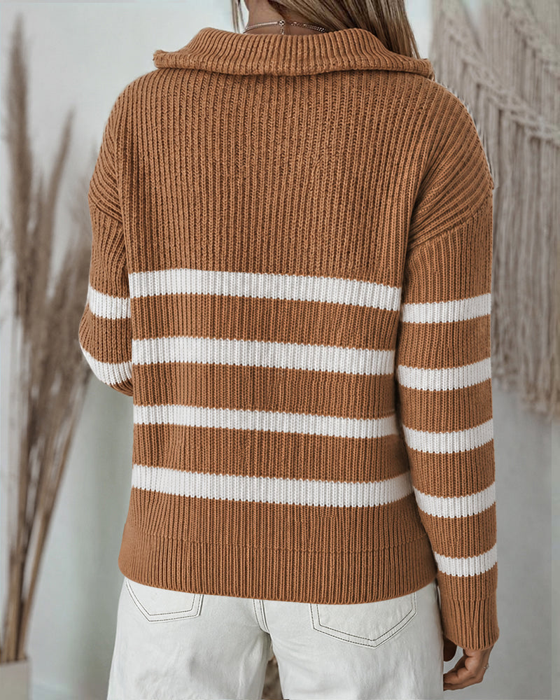 Half-Zip Striped Sweater with Turn-Down Collar