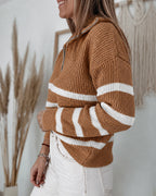 Half-Zip Striped Sweater with Turn-Down Collar