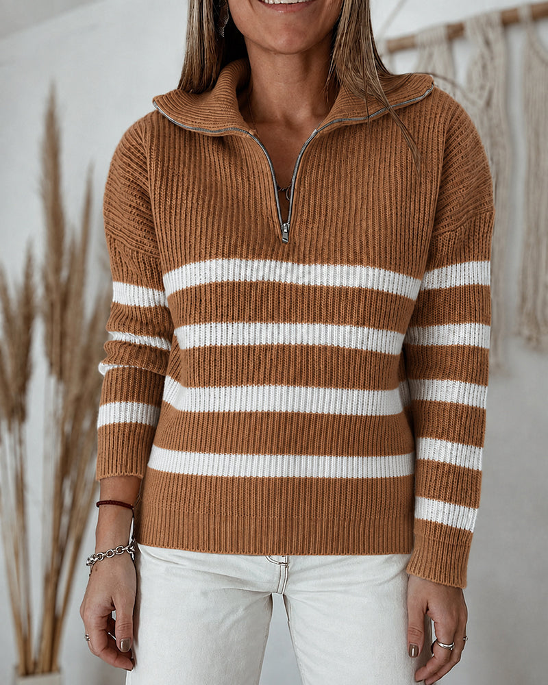 Half-Zip Striped Sweater with Turn-Down Collar