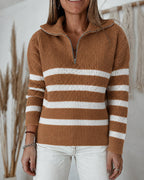 Half-Zip Striped Sweater with Turn-Down Collar