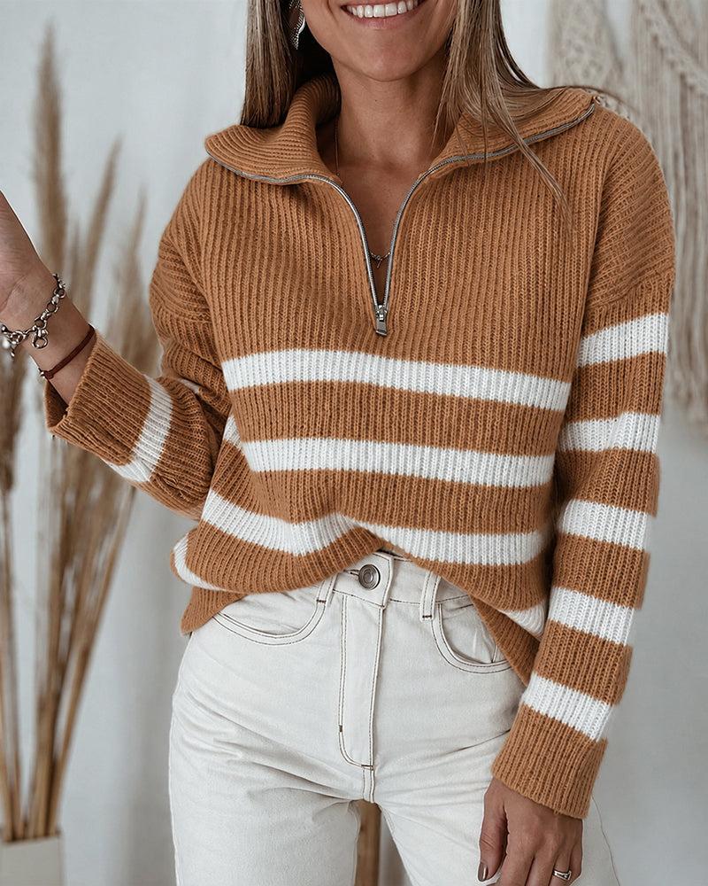 Half-Zip Striped Sweater with Turn-Down Collar