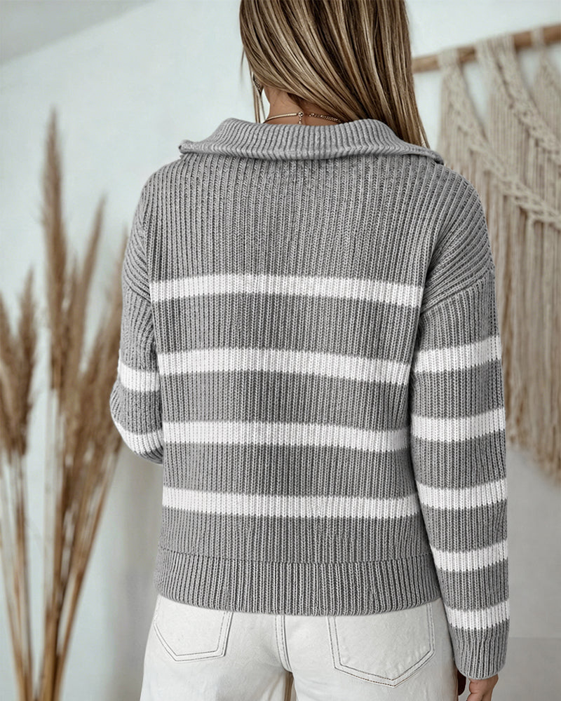 Half-Zip Striped Sweater with Turn-Down Collar