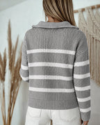 Half-Zip Striped Sweater with Turn-Down Collar