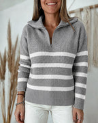 Half-Zip Striped Sweater with Turn-Down Collar
