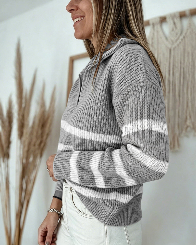 Half-Zip Striped Sweater with Turn-Down Collar