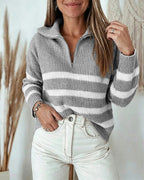 Half-Zip Striped Sweater with Turn-Down Collar