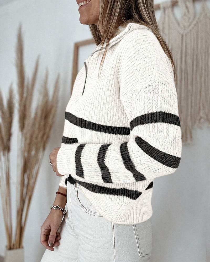 Half-Zip Striped Sweater with Turn-Down Collar