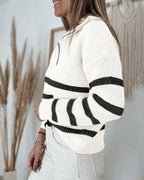 Half-Zip Striped Sweater with Turn-Down Collar