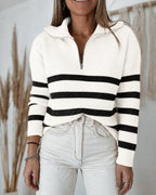 Half-Zip Striped Sweater with Turn-Down Collar
