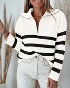 Half-Zip Striped Sweater with Turn-Down Collar